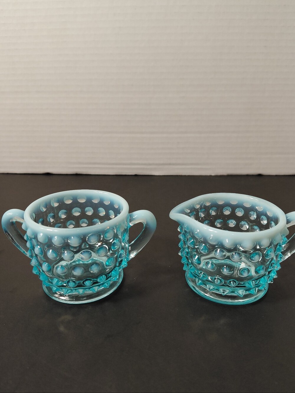 Fenton Aqua Blue Opalescent Hobnail Glass Creamer and Sugar - Vintage
